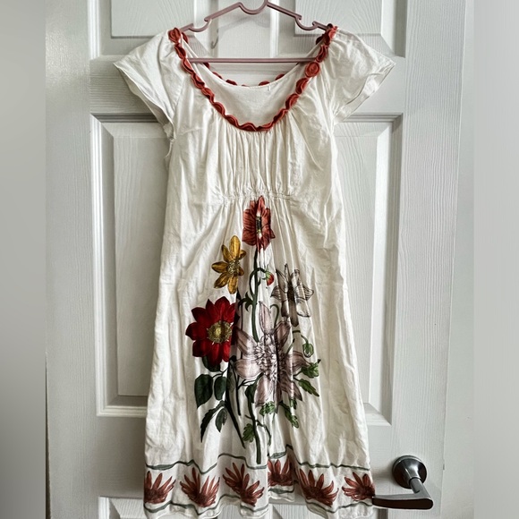 White Flowy Dress with Floral Embroidery and Orange Scalloped Neckline - Picture 1 of 2